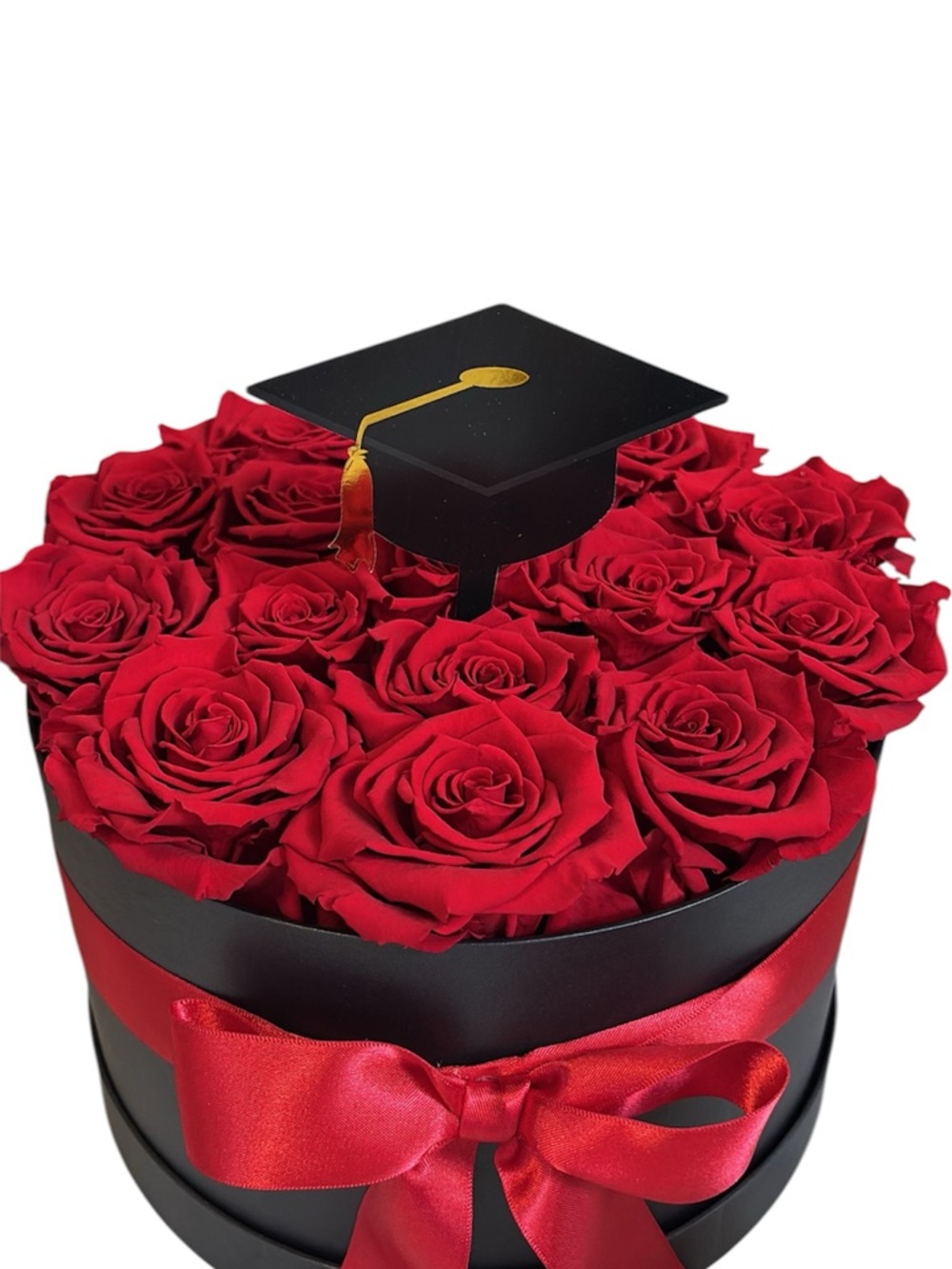 Graduation Black Hat Box with Real Long Lasting  Red Roses and Red Ribbon